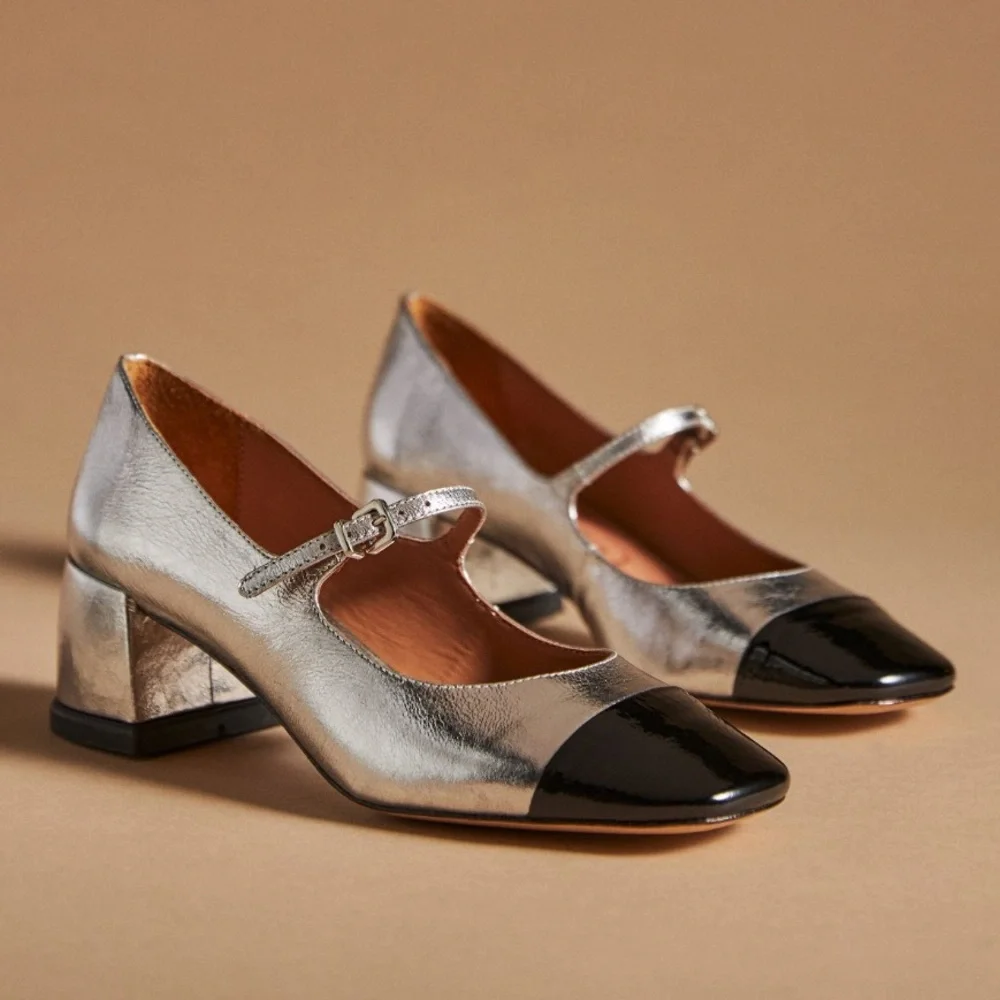 Anthropologie Vicenza ColorBlock MaryJanes Silver Patent Black Size 40 NIB